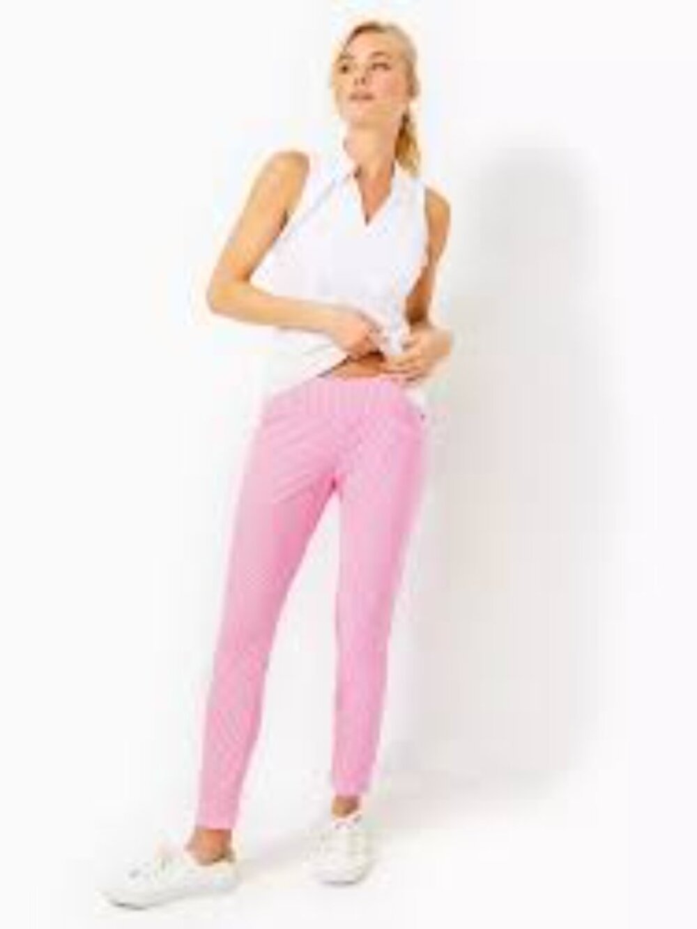 LILLY PULITZER Luxletic Seersucker Corso Pants NWT Size 12 Havana Pink Stripe